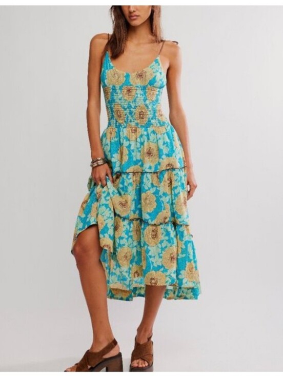 Free People Dresses & Skirts - NWT Free People Hawaiian Ocean Combo Blue Smocked Tiered Midi Dress Size M